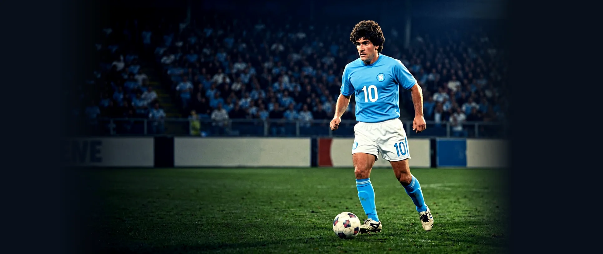 Illustration of Diego Maradona dribbling in a Napoli shirt